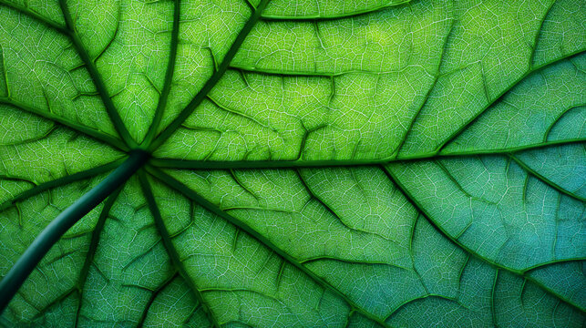 Close-up of a vibrant green leaf showing intricate vein patterns and texture, highlighting natural details and structure.