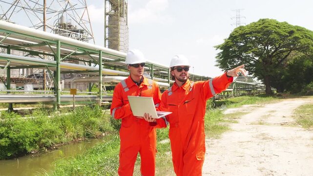 Two engineers in safety uniforms review refinery structure, using laptop and radio to coordinate petroleum and chemical plant operations outdoors.