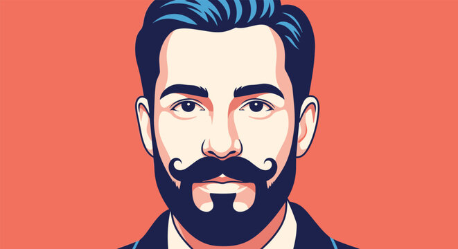 Stylized vector illustration of a confident man with a well-groomed handlebar mustache and full beard on a bright orange background.