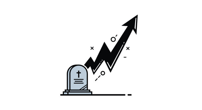 Conceptual icon depicting a gray gravestone with a black jagged arrow rising sharply upwards to symbolize business death or revival.