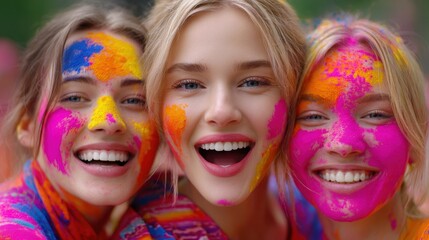 Fototapeta premium Three young women with colorful powder on their faces smile joyfully during a festival celebration, surrounded by vibrant colors and festive atmosphere in an outdoor setting