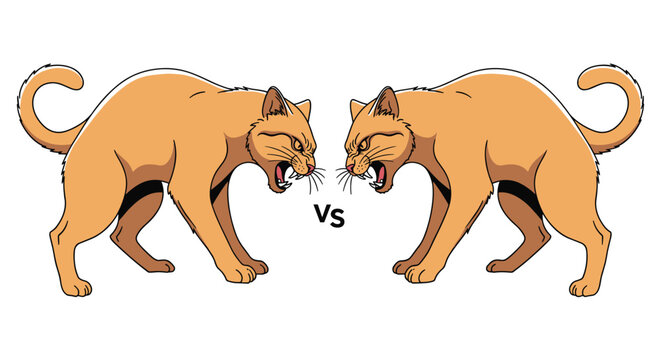 Illustration of two aggressive cougars facing off with bared teeth and arched backs separated by a Vs symbol indicating a fight or duel.
