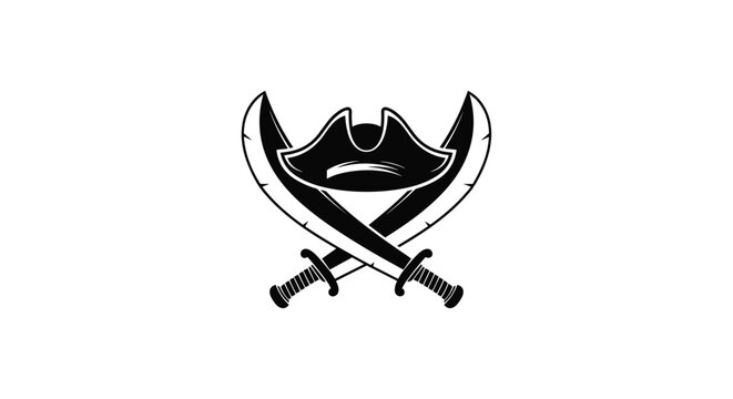 Black and white pirate emblem featuring two crossed scimitars positioned behind a traditional three-cornered pirate hat with ragged edges.