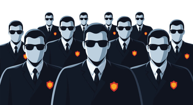 Group of stern secret service agents or bodyguards wearing dark suits and black sunglasses standing in a tight formation for protection.