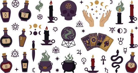 Mystical magic sticker set with occult items crystals witchcraft potions and tarot cards © MdImran