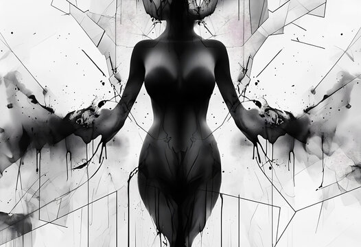 immagine astratta in bianco e nero che rappresenta una figura femminile umana stilizzata che si dissolve lentamente, abstract image in black and white representing a stylized human female figure that 