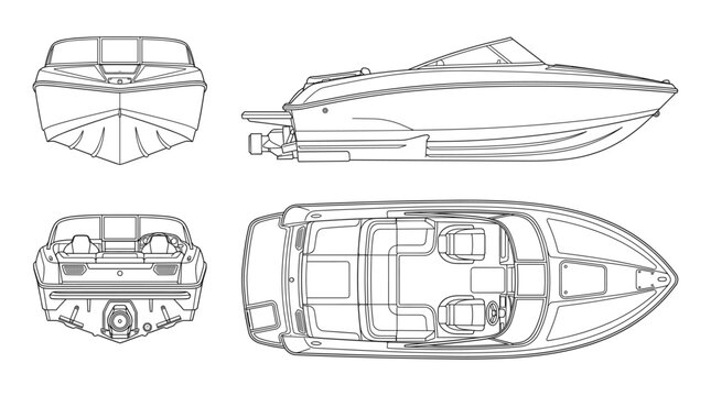 Jet boat watercraft technical drawing blueprint with front side back and top views CAD line art vector illustration