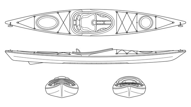 Kayak watercraft technical drawing blueprint with front side back and top views CAD line art vector illustration