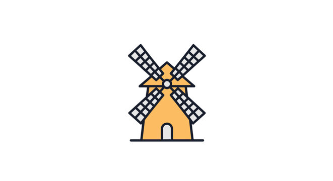 Classic Dutch windmill icon with yellow walls and dark sails standing on a flat ground line for renewable energy concept.