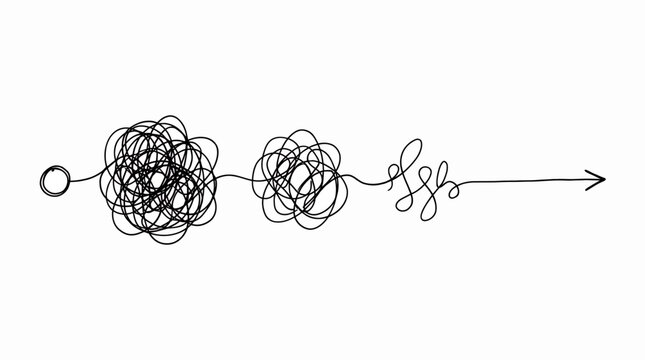 Minimalist black hand drawn line art showing a messy tangled scribble evolving into a straight horizontal arrow, representing problem solving or illustrating simplified business strategy