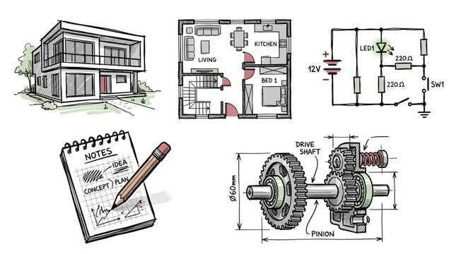 Hand drawn sketches of modern house architecture, floor plan, circuit diagram, notebook for ideas and mechanical gear system, Represents engineering design and illustrating project workflow