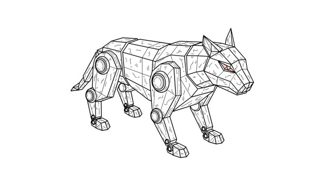 Low poly geometric wireframe model of a wolf or canine predator designed with sharp lines and robotic aesthetic.