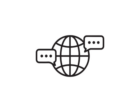 Minimalist black and white line icon of globe with latitude and longitude lines, two speech bubbles with ellipses on either side, clean design symbolizing global communication, worldwide conversation