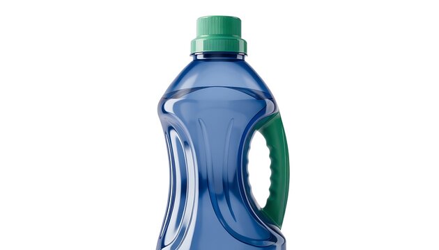 Blue laundry detergent bottle with green cap and handle
