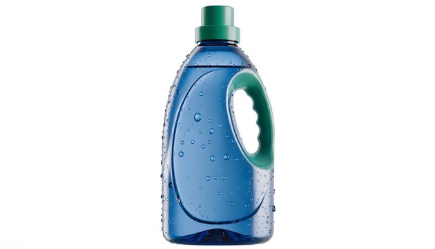 Blue liquid laundry detergent bottle with green cap and handle