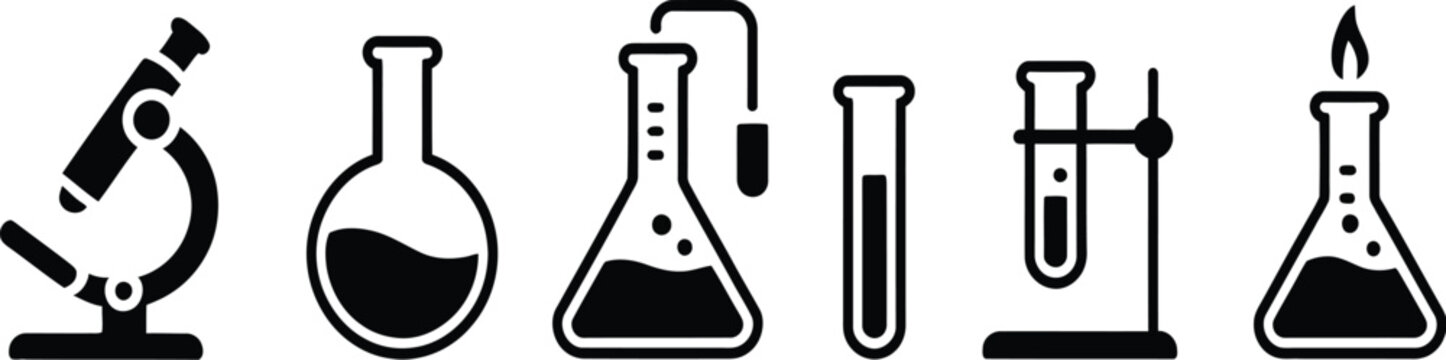 Scientific laboratory equipment icon set featuring microscope chemistry beakers glass flasks test tubes and burning flame for education and research.