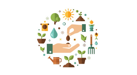 Fototapeta premium Sustainable Growth and Environmental Conservation Concept: Hands Planting a Seed with Gardening and Ecology Icons in Flat Design Style