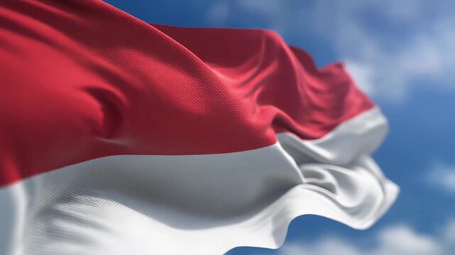 The Indonesian flag flutters gracefully against a backdrop of a bright blue sky with wispy white clouds, symbolizing national pride and unity