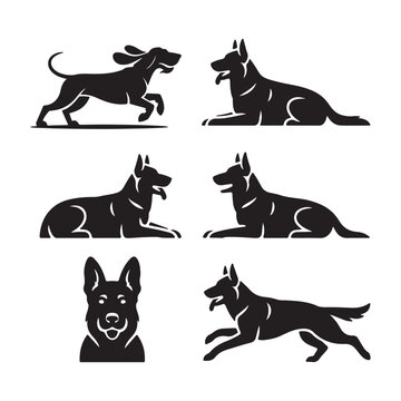 Set of black silhouettes of dogs in various poses running and lying down calmly