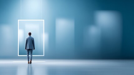 Fototapeta premium Man Standing in a Minimalist Interior with a Single Rectangular Frame