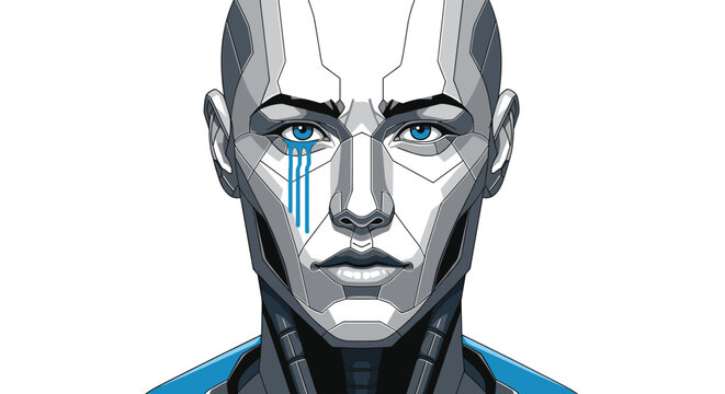 Close up portrait of a futuristic female robot shows blue markings resembling tears on its white mechanical face structure.