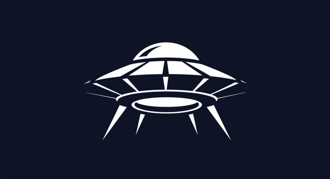 White silhouette of a classic unidentified flying object or saucer is floating against a solid dark blue night background.