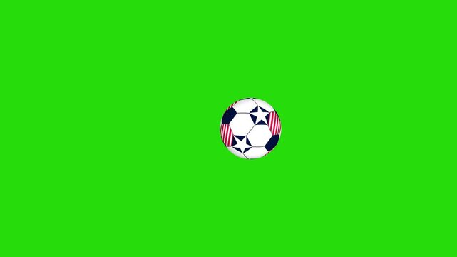 soccer football ball with a USA, American stars & stripes patriotic theme passing & rolling past the screen at multiple slow and fast speeds 4K animation with green screen chroma key background