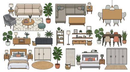 Collection of handdrawn furniture and home decor items © Saharia
