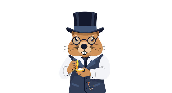 Sophisticated cartoon groundhog wearing a blue suit and top hat checks a golden pocket watch against a white background.