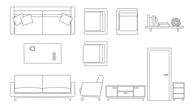 Furniture top view and side view set, interior design elements