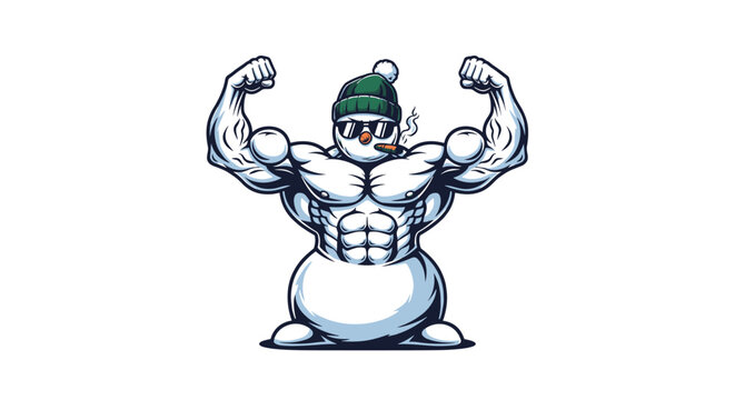 Extremely muscular snowman character wearing a green beanie and sunglasses flexes his biceps while smoking a brown cigar.
