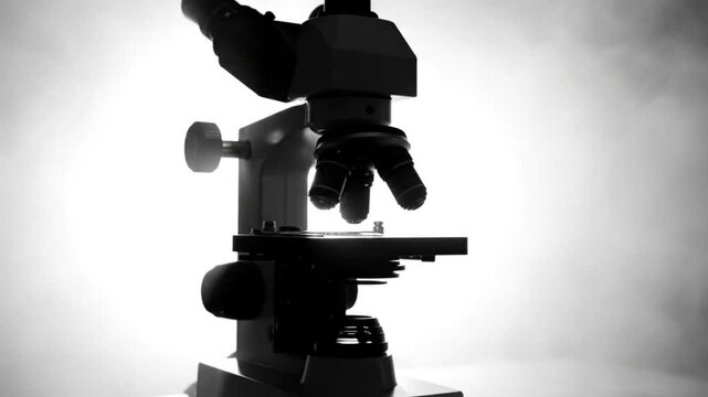 Black and white microscope on table with light illuminating research for medical or scientific laboratory work