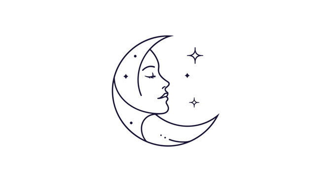Elegant minimalist line art features a crescent moon with a sleeping woman's peaceful face surrounded by small stars.