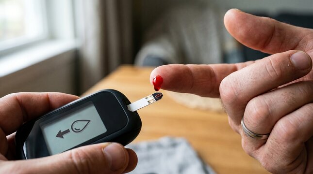 Blood Glucose Test: A close-up shot shows the meticulous process of blood glucose level measurement, with a finger prick delivering a small droplet of blood onto a testing strip.