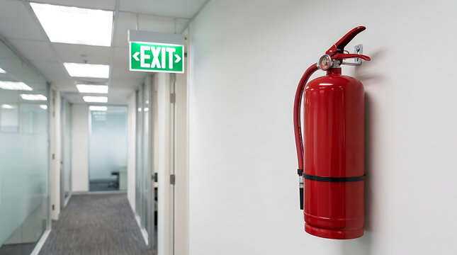 Bright red fire extinguisher mounted on a white wall next to a glowing green exit sign in a modern office hallway.