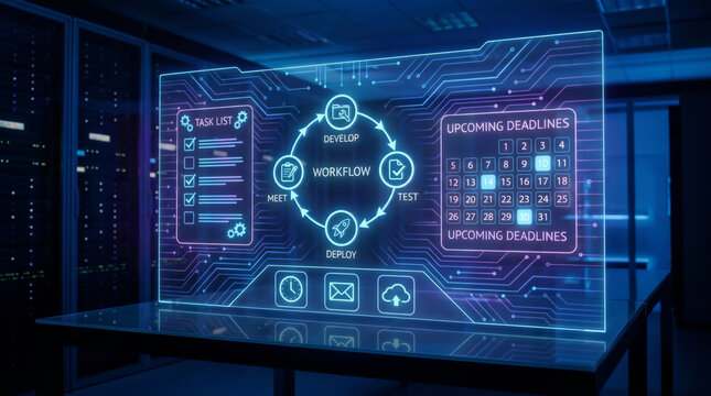 Futuristic digital workflow interface for business productivity and time management showing task list calendar and deadlines on a glowing virtual screen in a high tech data center server room.