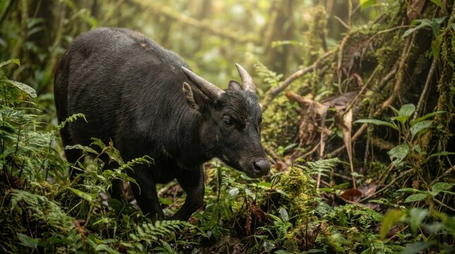 Rare Anoa Dwarf Buffalo Walking Through Dense Tropical Rainforest Undergrowth