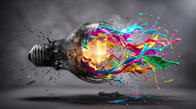 Brilliant Spark: a creative concept, where the idea of a light bulb exploding with vibrant colors against a smokey background.
