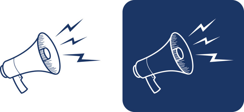 Megaphone loudspeaker set, blue outline and white shape on dark blue square background
