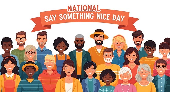 Diverse group of happy people celebrating national say something nice day with a festive banner