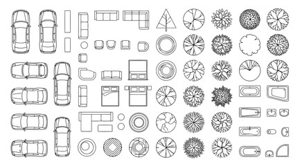 Architectural plan view symbols set for landscape and interior design, including cars, furniture, trees, and bathroom fixtures © S.Siam