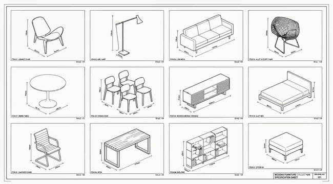Modern furniture collection specification sheet with isometric drawings and dimensions