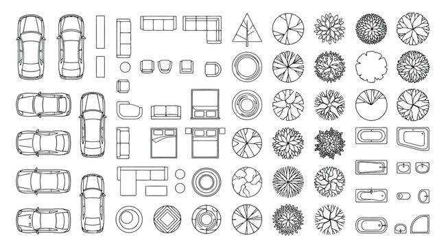 Architectural plan view symbols set for landscape and interior design, including cars, furniture, trees, and bathroom fixtures