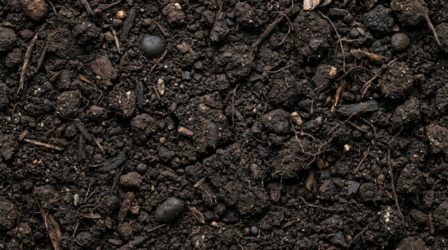 Close-up of dark, rich, and fertile garden soil, showcasing its earthy texture with visible organic matter and small stones