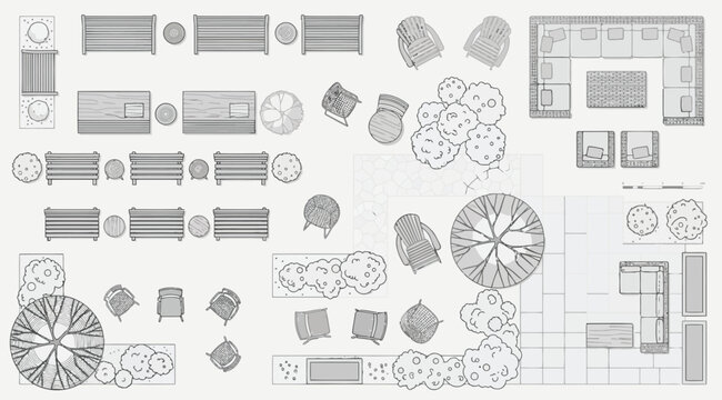Landscape architectural plan with furniture and trees top view