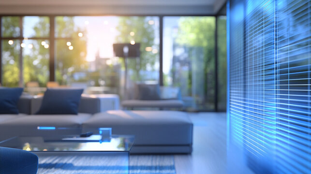 Close-up of digital AI interface controlling smart lighting and blinds in modern living room