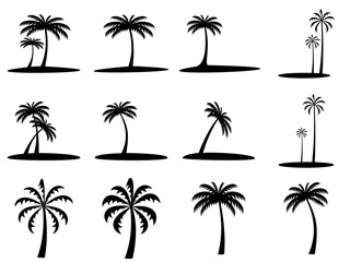 Fototapeta premium Set of coconut tree icons and palm tree silhouettes, vector