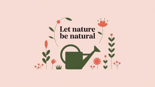 Hand-drawn watering can with let nature be natural quote in floral wreath design