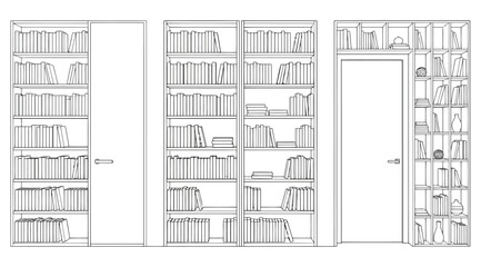 Interior design elevation view of custom builtin bookshelves with integrated doors © Saharia