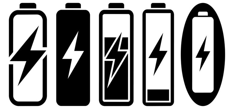 Battery power and charging icon set black vector energy bolt silhouettes